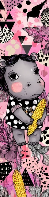 Free kawaii bookmark featuring a cute hippo with corn on the cob
